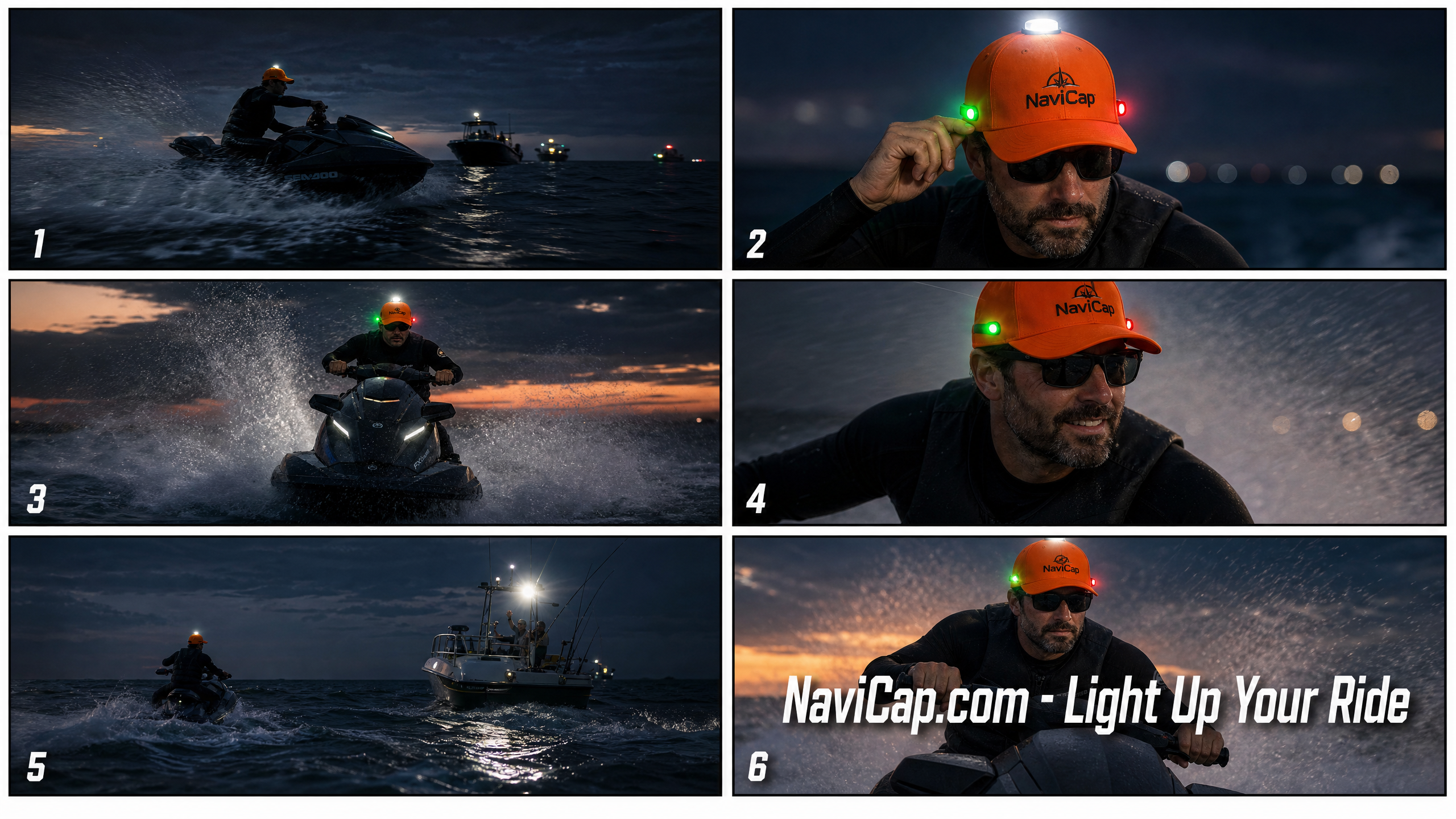 NaviCap in action — jet ski, nighttime boating, port and starboard LED lights visible on the water