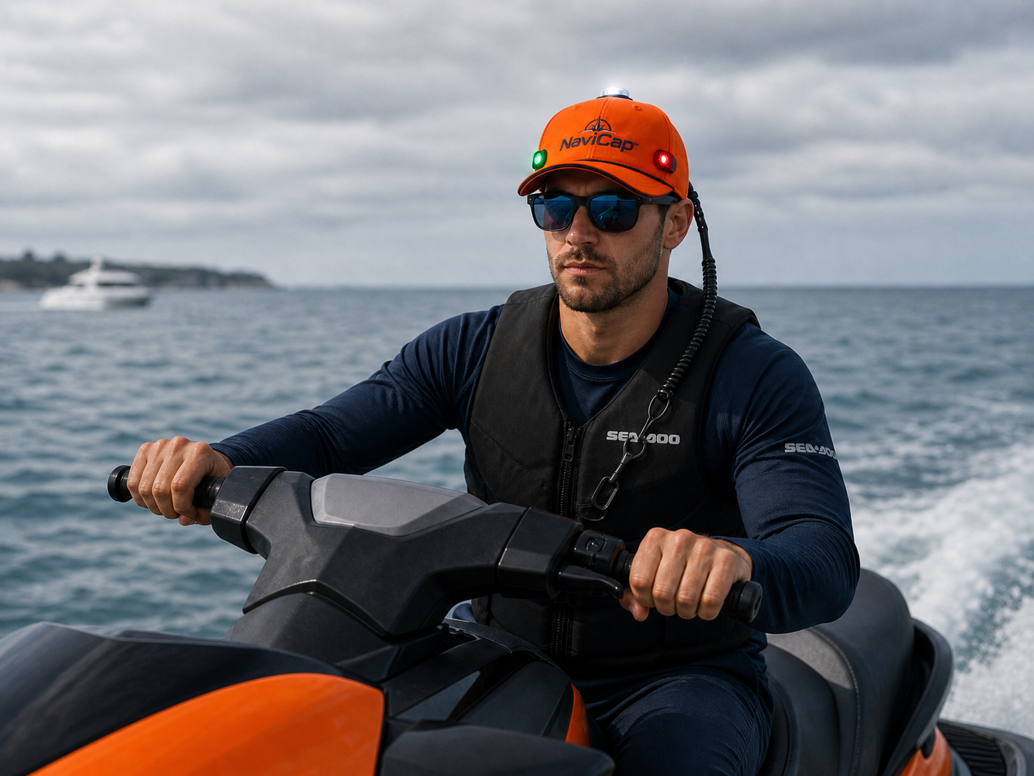 NaviCap jet skier wearing orange navigation cap on the water